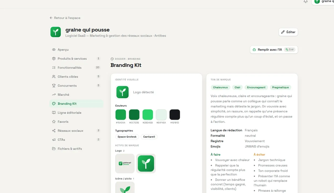 Branding Kit de graine qui pousse : logo, palette de verts, typographies et ton chaleureux, clair, encourageant et pragmatique.