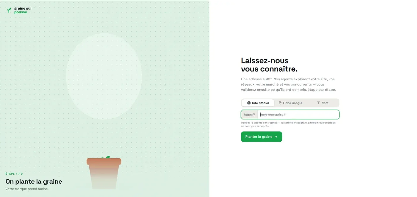 Écran de lancement de l’analyse dans graine qui pousse, avec les trois modes d’identification de l’entreprise.