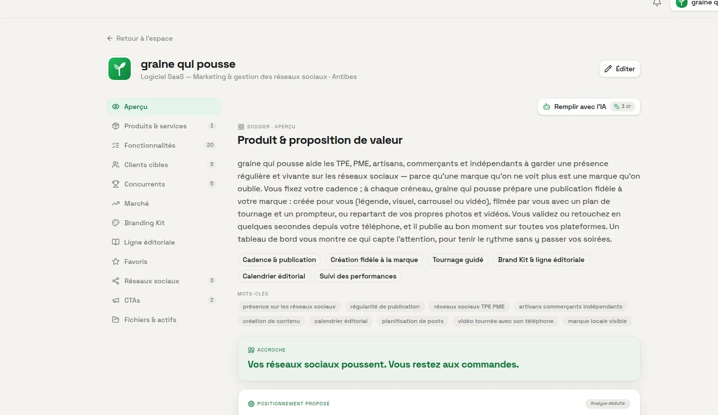 Dossier de la marque graine qui pousse : aperçu de l’activité et menu des sections modifiables.
