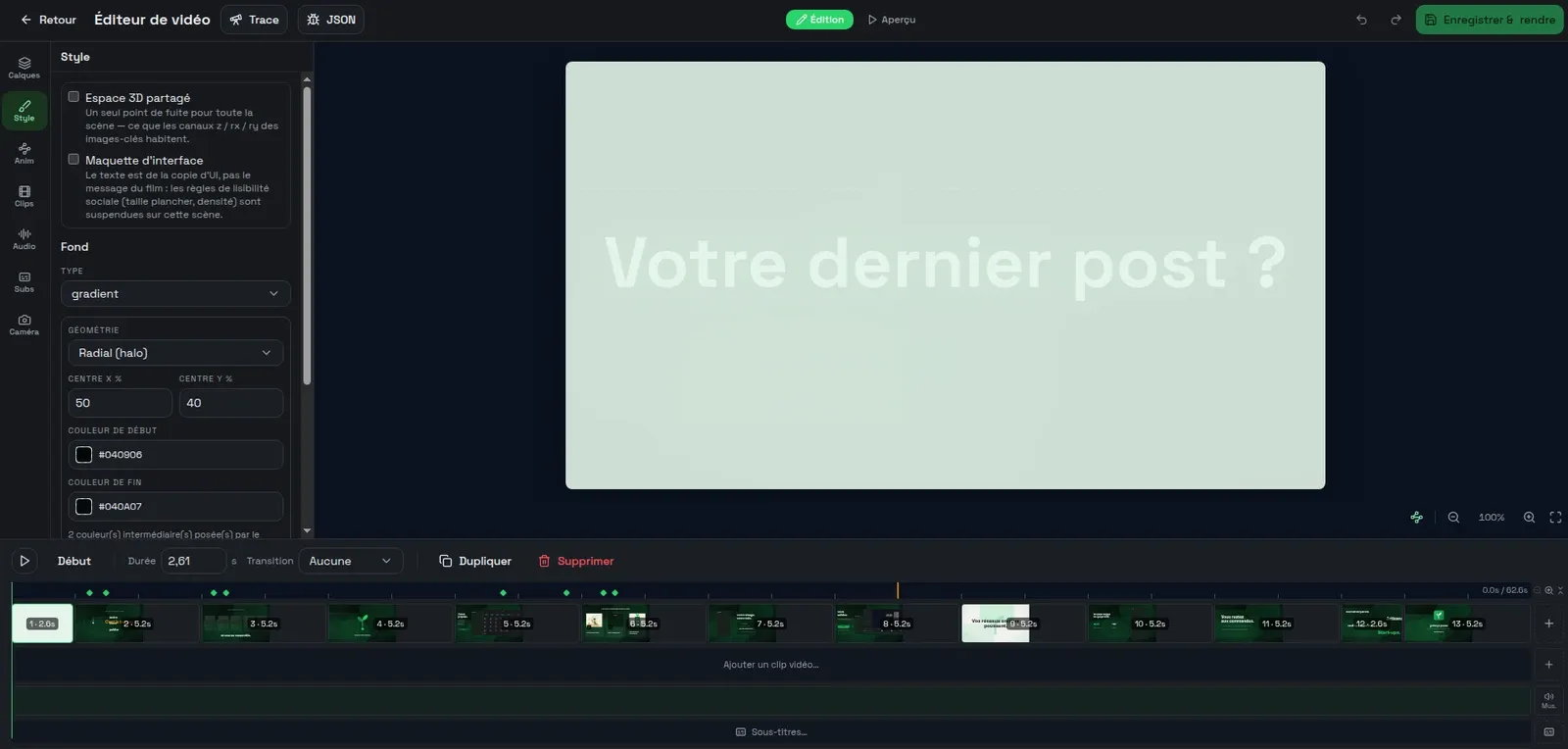 L’éditeur vidéo de graine qui pousse : panneau de style à gauche, aperçu de la scène au centre, timeline des scènes et pistes audio en bas.