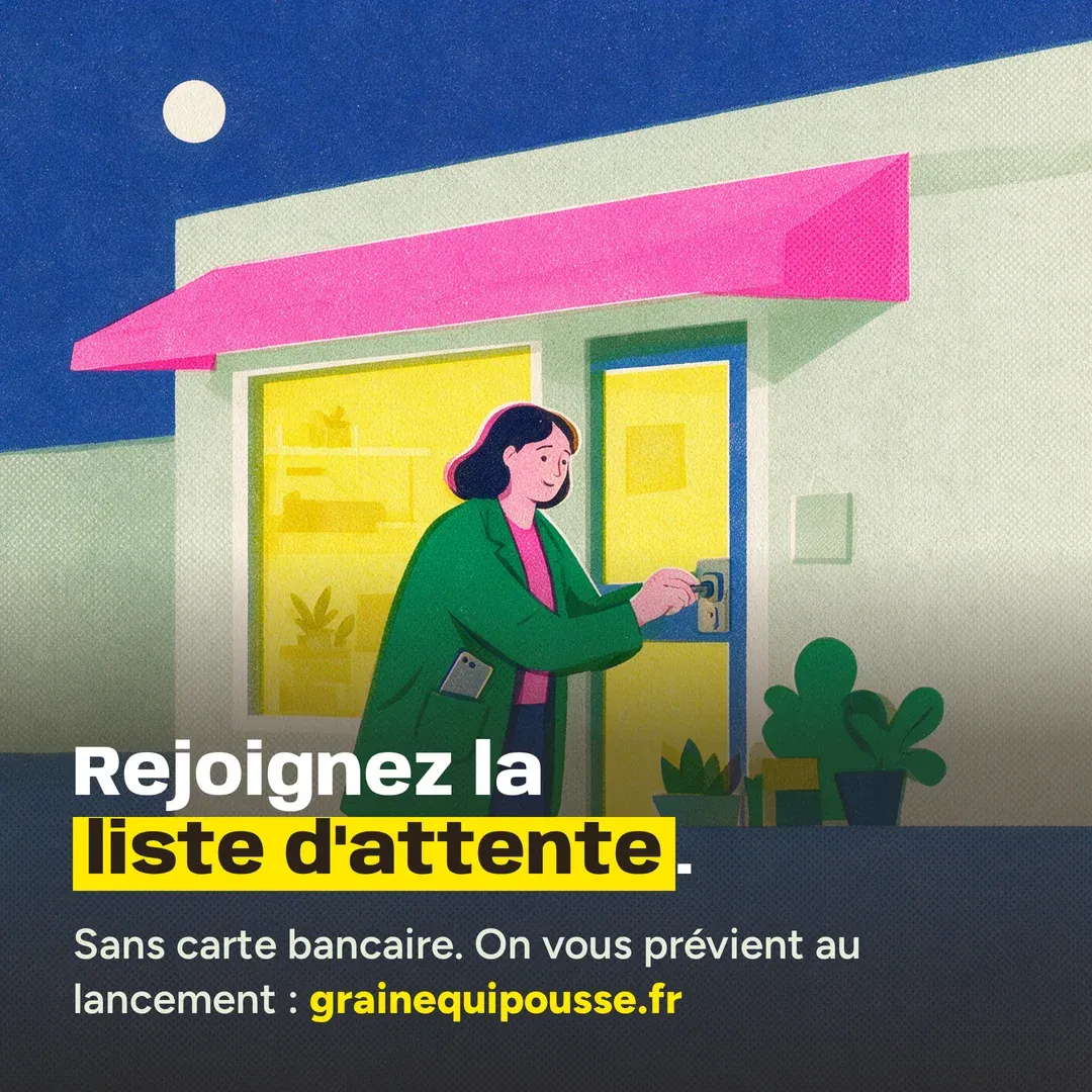 Slide 3 sur 3. Une commerçante en manteau vert ferme sa boutique à la nuit tombée : « Rejoignez la liste d’attente. Sans carte bancaire. On vous prévient au lancement : grainequipousse.fr »