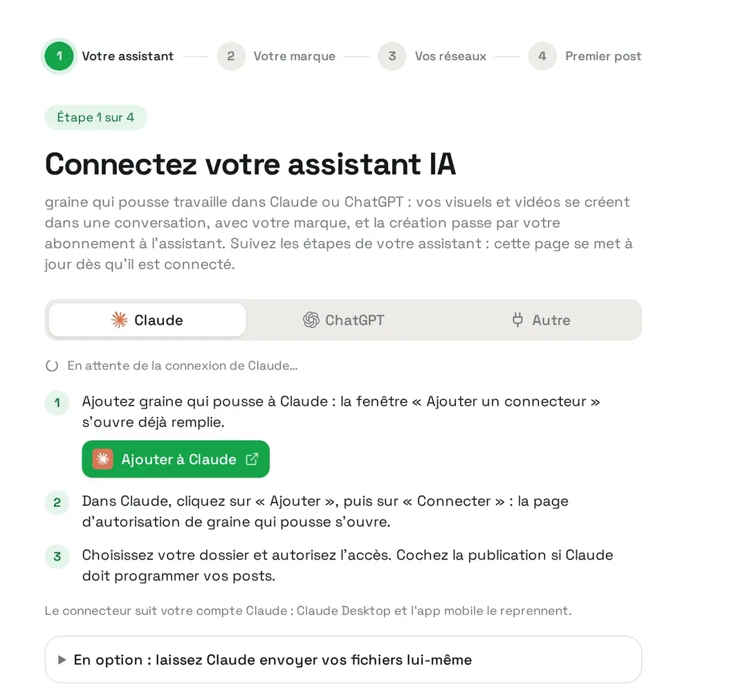 L’étape « Connectez votre assistant IA » de graine qui pousse : onglets Claude, ChatGPT et Autre, bouton « Ajouter à Claude » et les trois étapes à suivre.