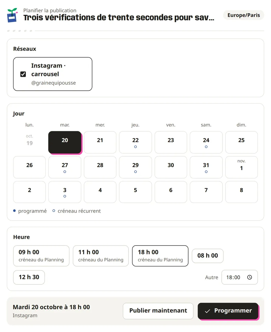 Le planificateur de graine qui pousse dans la conversation : réseau, calendrier, heure, boutons « Publier maintenant » et « Programmer ».