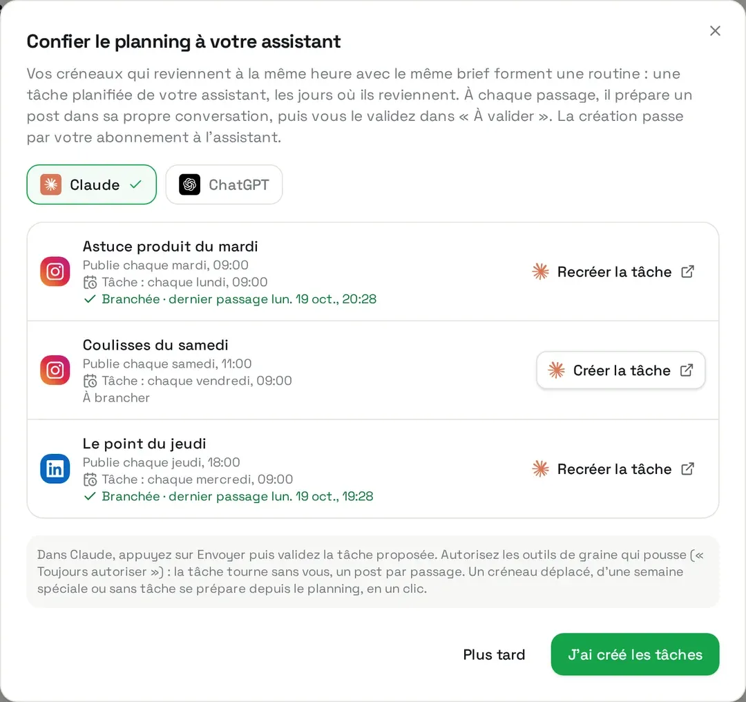 La carte « Confier le planning à votre assistant » de graine qui pousse : trois routines, deux branchées sur leur tâche planifiée dans Claude avec leur dernier passage, une encore à brancher.